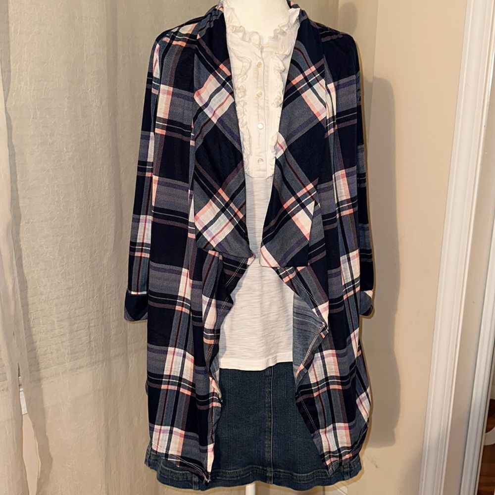 NY Laundry S Navy Plaid Open Front Asymmetrical Knit Long Sleeve Cardigan